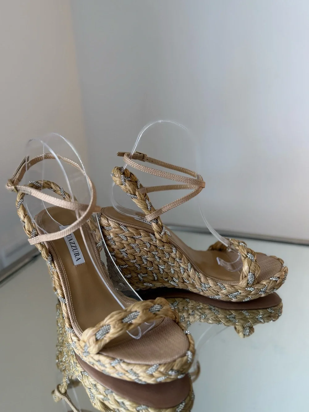 Aquazzura Costiera 120 crystal-embellished raffia wedge sandals $995 37.5